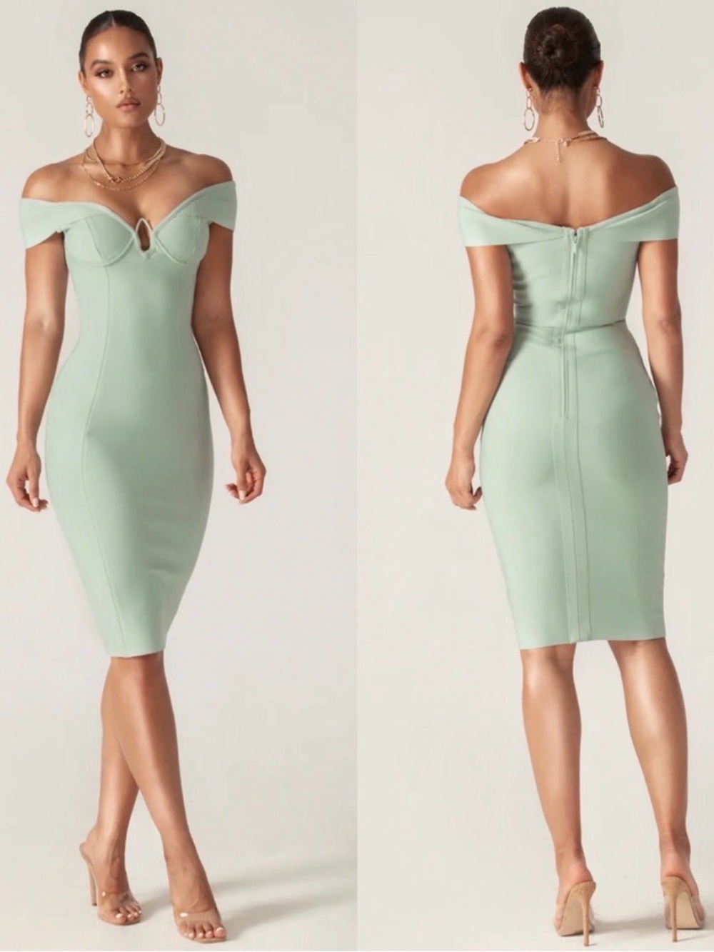 Alieva Aliava pistachio bodycon off shoulder dress green size XS